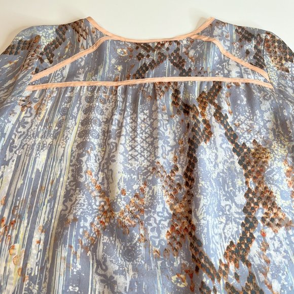 Anthropologie Maeve Silk Blouse Long Sleeve Snap Front Grey & Peach - S - Picture 6 of 7